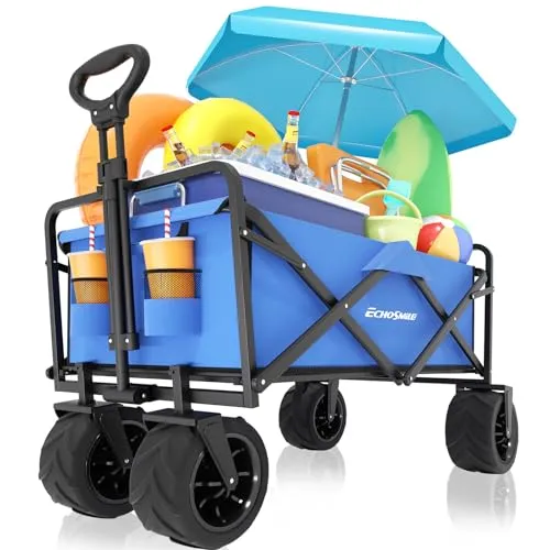 EchoSmile Bollerwagen Faltbar 200L 160KG, Handwagen Transportwagen Klappbar mit Verstellbarem Griff & Seitentaschen, Breite Räder All-Terrain Strandwagen Gartenwagen Einkaufswagen, Blau