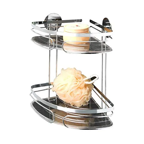 WENKO Eckregal für Badezimmer, Turbo-Fix mit 2 Ablagen - Badewannenablage aus rostfreiem Stahl, platzsparend und ideal für die Dusche oder Badewanne, Maße: 20,5 x 20,5 cm.