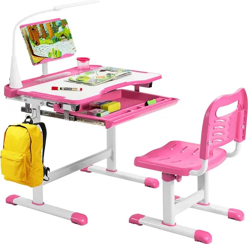 GOPLUS Höhenverstellbarer Kinderschreibtisch mit Lampe & Bücherständer - Höhenverstellbarer Schreibtisch für Kinder, mit neigbarer Tischplatte für ergonomisches Sitzen. Inklusive LED-Lampe mit drei Lichtmodi und praktischem Bücherständer. Ideal für Lernen und kreative Aktivitäten.