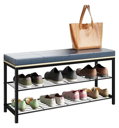 VCM Schuhregal - Sitzbank im Industrie Style Design - Schuhregal mit zwei Fächern für bis zu 6 Paar Schuhe, kombiniert mit einer praktischen Sitzbank. Maße: H. 48 x B. 90 x T. 30 cm, ideal für Flur und Eingangsbereich.