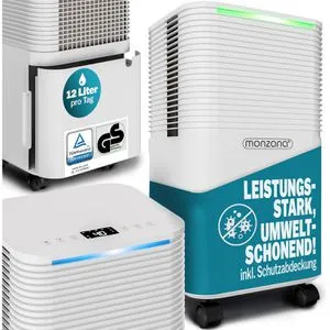 Monzana Luftentfeuchter mit farbiger Lichtleiste - Effizienter Luftentfeuchter für Räume bis 52 m³, entzieht bis zu 12 Liter Feuchtigkeit pro Tag. Farbige Lichtleiste zeigt aktuelle Luftfeuchtigkeit an und sorgt für optimales Raumklima.