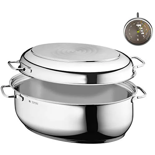 WMF Bräter mit Deckel, 8,5l – Multifunktional und backofengeeignet - Pfannen – 8,5l großer Bräter aus Cromargan Edelstahl mit Induktionsdeckel, der auch als Pfanne genutzt werden kann. Ideal für Fleisch und Gemüse, hitzebeständig bis 250°C.