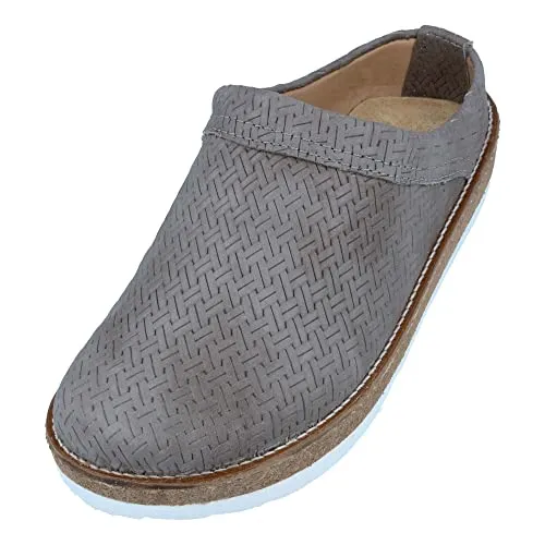 HAFLINGER Travel-Classic Clogs aus Leder, Gr. 45 - Grau (Braided Perlgrau 1689) - Clogs für Damen mit rutschfester Gummisohle und individuellem Tragekomfort durch weiches Innenleder. Ideal für unterwegs, robust und pflegeleicht.