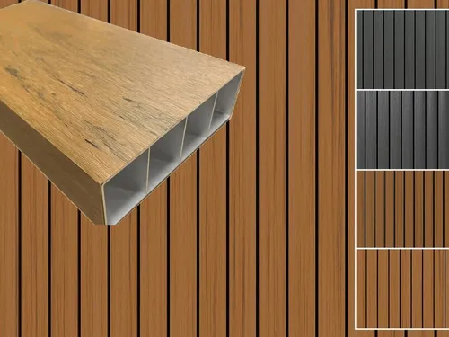 Fassadenverkleidung WPC co-extrudiert Teak Sonnenschutzprofil - Hochwertiges WPC-Fassadenprofil für den Außenbereich, langlebig und witterungsbeständig. Ideal für dekorative und funktionale Anwendungen mit einer Länge von 300 cm.