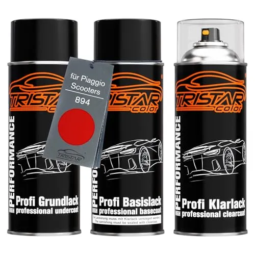 TRISTARcolor Motorradlack Spraydosen Set für Piaggio Scooters 894 Rosso Dragon Grundlack Basislack Klarlack Sprühdose 400ml