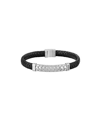 BOSS Lederarmband TAILORED, 1580674M, 1580675M, 1580676M schwarz - Elegantes Armschmuck aus Rindsleder mit geflochtenem Design und Magnetverschluss. Perfekt als Geschenk für besondere Anlässe, inklusive Geschenkverpackung.