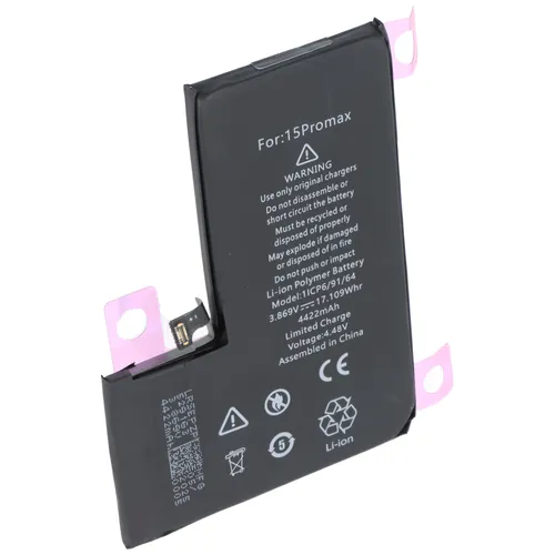 Akku für Apple iPhone 15 Pro Max – Li-Polymer, 4422mAh - Hochwertiger Akku für Apple iPhone 15 Pro Max, mit geprüfter Kapazität für lange Laufzeiten und zuverlässige Leistung im Alltag.