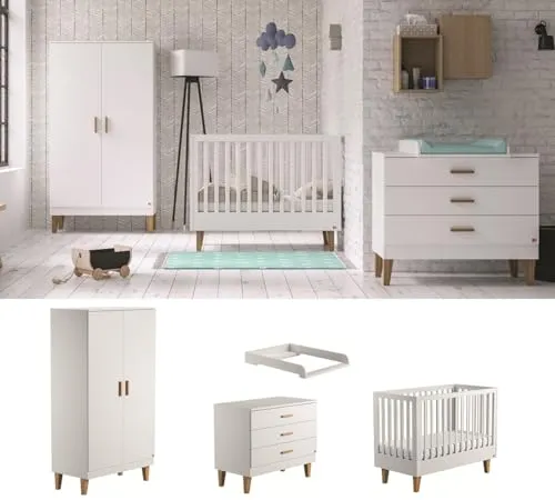QMM Babyzimmer Kinderzimmer komplett Set Liam Kleiderschrank Kommode Wickelaufsatz Bett