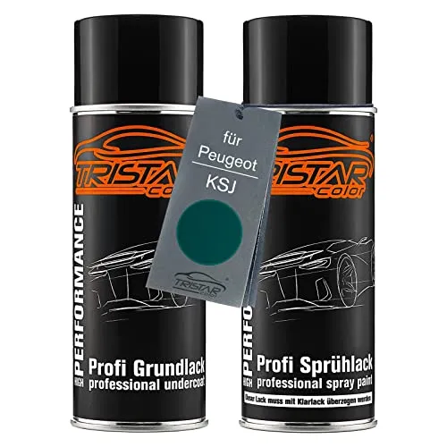 TRISTARcolor Autolack Spraydosen Set für Peugeot KSJ Vert Tie Break Metallic/Tie Break Grün Metallic Grundlack Basislack Sprühdose 400ml