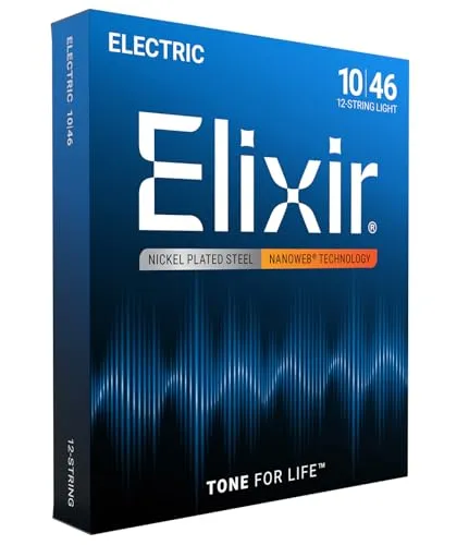 Elixir 12450 Nanoweb 12 String Saiten - Hochwertiger Saitensatz für 12-saitige E-Gitarren, mit Nanoweb-Beschichtung für längere Lebensdauer und brillante Klänge.
