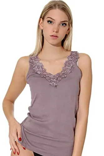Damen Shirt, Unterhemd Gekämmte Baumwolle mit extra großer Spitze Ohne Seitennaht (40/42, Taupe)