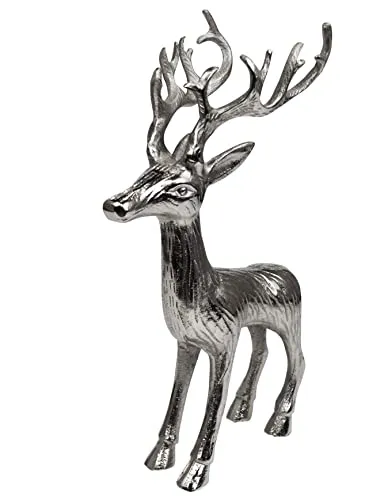 MichaelNoll Hirsch Dekoration - Stehend - Silberne Dekofigur für Weihnachten und Winter - Statuen aus hochwertigem Aluminium, handgefertigt und detailreich. Ideal für ganzjährige Dekoration und ein eleganter Blickfang in jedem Wohnstil.