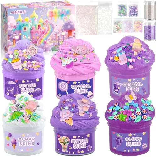 AMCHLEL 6 Stück Fluffy Slime Set, Fluffy Butter Slime Set, Farbverlauf Lila Crystal Slime DIY Kit, Schleim für Party Favor, Geburtstags Mädchen und Jungen Geeignet Sind