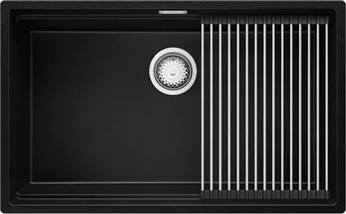 PRIMAGRAN Unterbauspüle Granit Schwarz 76x47cm, Spülbecken 1 Becken + Ablauf-Set + Aufrollbare Abtropffläche, Granitspüle ab 80er Unterschrank - Praga S391