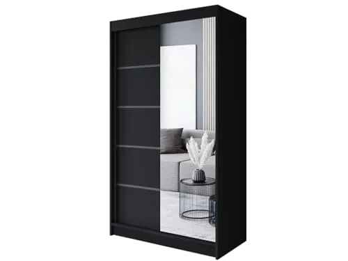 Easy4You P3 Schiebetüren Kleiderschrank 120 cm Schwarz - Kleiderschrank mit Spiegel, 5 geräumige Einlegeböden und platzsparendes Design für jeden Raum. Ideal für Schlafzimmermöbel und Aufbewahrung.