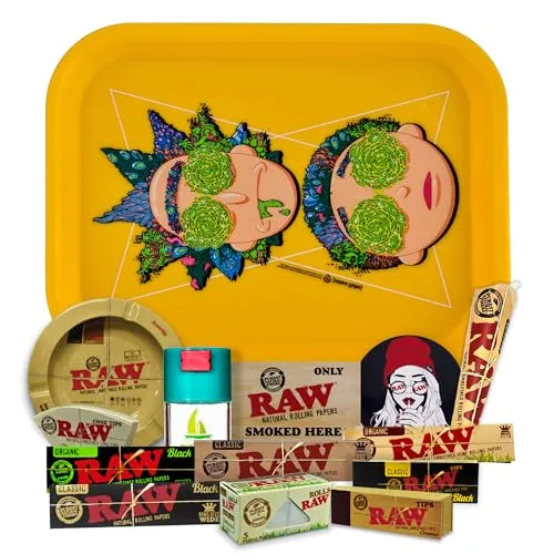 Rolling Tray Rick and Morty original 27.5 x 17.5 cm + Airtight Tin + RAW ashtray + Raw papers KingSize + 5 meters + Tips + Raw Cones Kingsize + Stickers – Gift for smokers (Gelb)