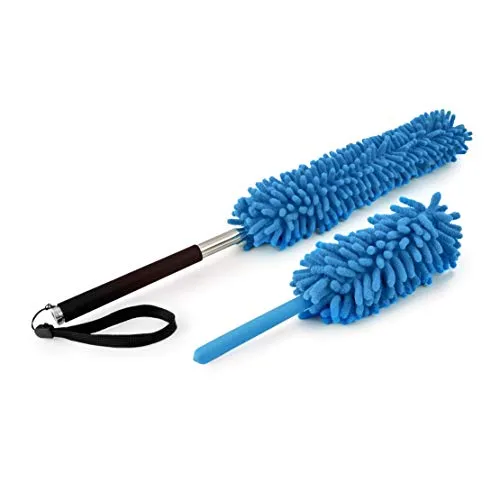 FALINGO Staubwedel Chenille waschbar biegsam inkl. Teleskopstiel ausziehbar 2 TLG. (Blau)