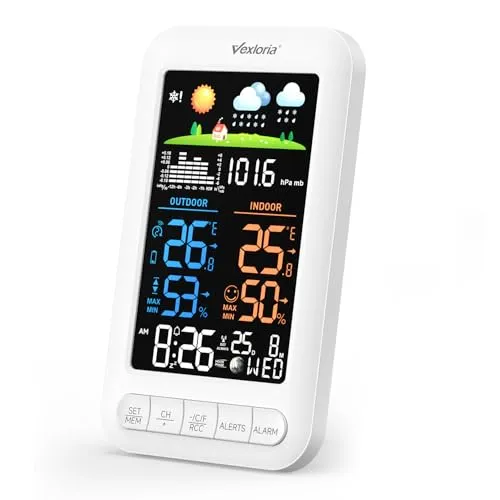 Vexloria Funk-Wetterstation Mit AußEnsensor, Digitale Dcf-Funkuhr, Raumthermometer, Raumhygrometer Mit Temperaturanzeige, Wettervorhersage, Zeitanzeige, Alarm, Upgrade-Version Weiß