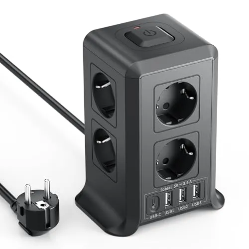 Mehrfachsteckdose mit USB-C, 8 Fach Steckdosenleiste mit Schalter, steckerleiste mit 4 USB, Mehrfachstecker 3M Verlängerungskabel, steckdosenwürfel mit Überspannungsschutz für Zuhause, Büro,Küche