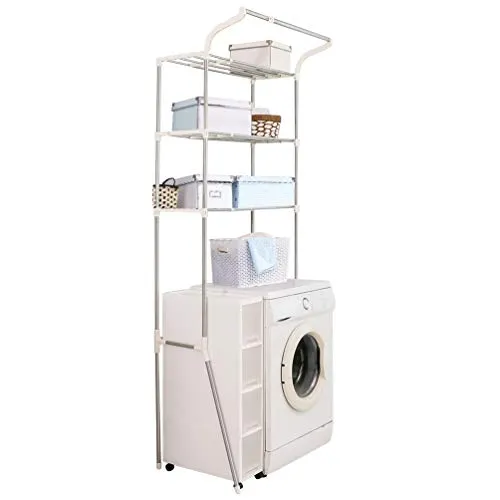 BAOYOUNI Waschmaschinenregal Toilettenregal mit 3 Ablagen Platzsparend Badezimmerregal Badregal aus Metall Bad WC Stand Regal, Verstellbares, Einfache Montage, (61-97) x 49,5 x 210 cm, Elfenbein