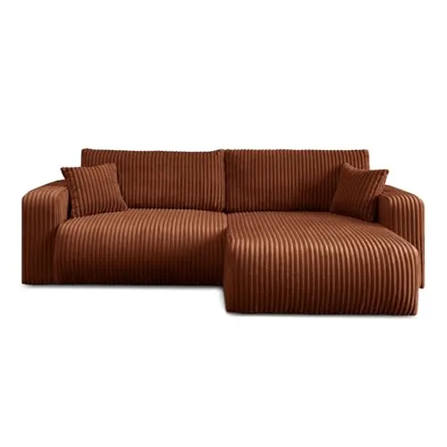 Ecksofa MOVE L-Form mit Schlaffunktion und Bettkasten, modernes Cord-Stoff Schlafsofa 200x130 cm, Eckcouch mit Stauraum, Wohnlandschaft mit Kissen, universell montierbar (Kupferrot - Tilia 52)