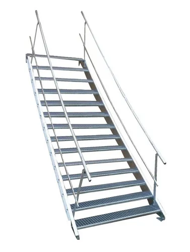 Stufen Stahltreppe mit beidseitigem Geländer 100 cm - Robuste Außentreppe für Geschosshöhen von 210-280 cm, ideal für den Außenbereich, inklusive Zubehör und stabile Bauweise.