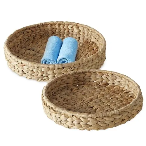 Deko Tablett aus Wasserhyazinthe 2er Set – 30 cm und 25 cm - Boho Chic Korbschale rund aus Seegras geflochten - Naturfaser Tisch Deko Schale Aufbewahrungs Korb Körbchen Dekoschale Organizer
