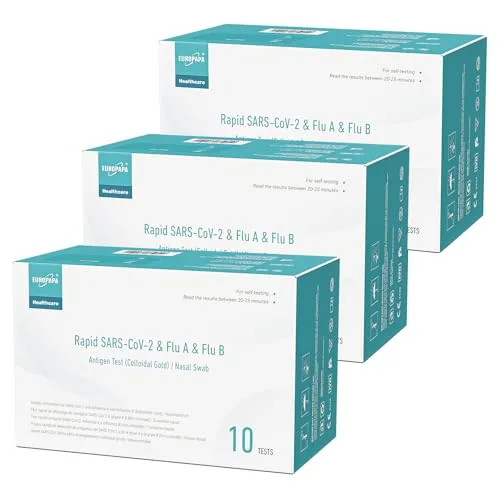 EUROPAPA 30x Corona Laientest - 3in1 Combo Rapid Test - Praktischer 3in1 Schnelltest für COVID-19 und Grippe A/B: Einfache Anwendung für Zuhause, schnelle Ergebnisse in ca. 20 Minuten. Einzelverpackt mit allem Zubehör für eine hygienische Durchführung.