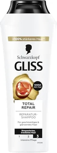 Gliss Shampoo Total Repair (250 ml) – Wirksame Haarreparatur für geschmeidiges Haar - Shampoos – Gliss Total Repair glättet die Haaroberfläche und reduziert Haarbruch um bis zu 85 %. Ideal für trockenes, strapaziertes Haar mit flüssigem Keratin und 90 % Inhaltsstoffen natürlichen Ursprungs.