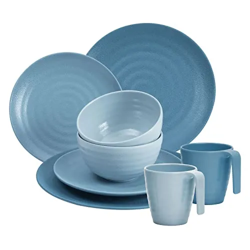 Melamin Camping Geschirr Set für 2 Personen - Tellern und Tassen - 8 Teile - Blau mit Oberflächenstruktur Campinggeschirr - Outdoor Tafelgeschirr Wohnwagen Wohnmobil Geschirrset