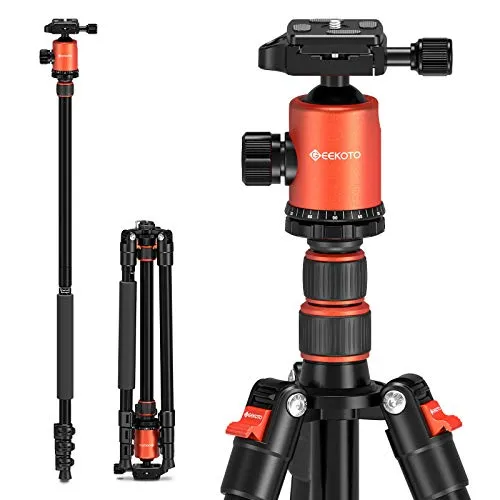 GEEKOTO Kamera Stativ 200cm, DSLR Camera Tripod Aluminum Reisestativ mit Einbeinstativ und 360° Panorama Kugelkopf, 1/4 Schnellwechselplatte und Stativtasche für Spiegelreflexkamera bis zu 8kg Orange