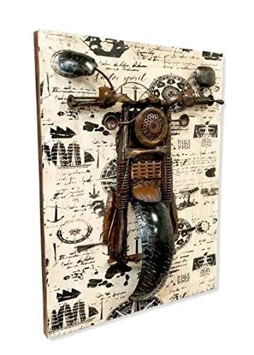 Metall Wandbild Motorrad auf heller Holz Leinwand 61 x 78cm Wand-Deko retro look vintage Skulptur