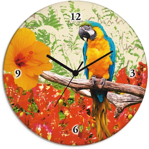 Artland Wanduhr Papagei – Lautloses Quarz- oder Funkuhrwerk - Wohnaccessoires: Hochwertige Glasuhr mit strahlenden Farben, wahlweise mit geräuschlosem Funk- oder Quarzwerk – ideal für kinderfreundliche Schlafzimmer.