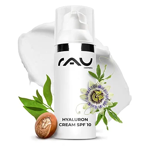 RAU Cosmetics Tagescreme mit Lichtschutzfaktor - Hyaluron Cream SPF 10 50 ml - Tagespflege für trockene Haut, kombiniert Feuchtigkeitspflege mit UV-Schutz. Hyaluronsäure polstert Fältchen auf und sorgt für strahlend schöne Haut.
