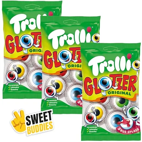 Trolli Glotzer 3er Pack (3x4 Stück) – Prickelnd-saure Fruchtgummi-Augen mit flüssiger Füllung – Kultige Süßigkeiten für Halloween & Partys – Laktosefrei, glutenfrei – Inkl. Sweet Buddies Aufkleber