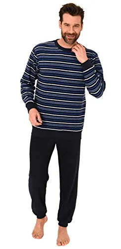 Langer Herren Frottee Pyjama Schlafanzug mit Bündchen - Streifenoptik - 291 101 13 133, Farbe:Marine/blau, Größe:50