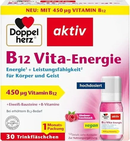 Doppelherz B12 Vita-Energ 30 stk - Vitamin B12 Präparate, hochdosiert mit 450 µg pro Trinkfläschchen, reduziert Müdigkeit und Erschöpfung für mehr Energie im Alltag.