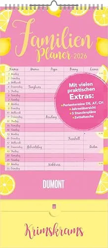 DUMONT - Familienplaner Krimskrams mit Tasche - 4 Spaltnen 2026 – Familienkalender 22x49 cm – Wandkalender, Ferienübersicht, Stundenplänen & Einstecktasche