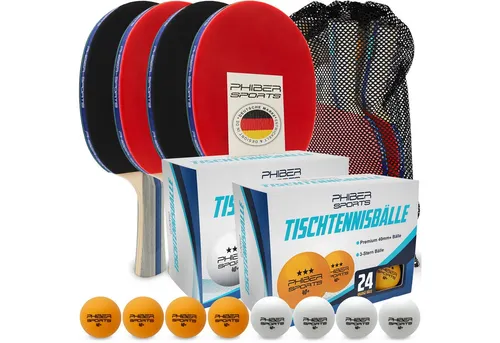 PHIBER-SPORTS Tischtennisschläger PHIBER-SPORTS Premium Tischtennis MEGA-Set (4 Tischtennisschlaeger + 24x 3 Stern orange TT-Bälle + 24x 3 Stern weiße TT-Bälle, 61-tlg), nach Wettbewerbsrichtlinien + 8 Tischtennisbaelle + Tragetasche