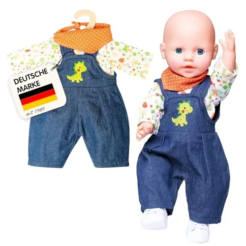 Heless 1115 - Bekleidungs-Set für Puppen im Dino-Design, 3 teilig mit Latzhose, T-Shirt und Halstuch, Größe 28 - 35 cm
