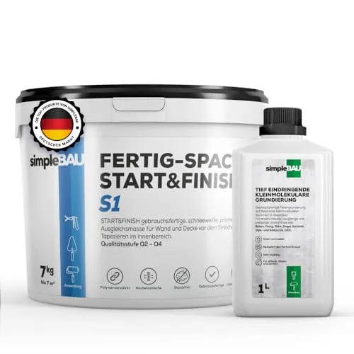 simpleBAU Gebrauchsfertige Polymer-Spachtelmasse Weiß Start&Finish 7KG + 1L Tiefengrund gebrauchsfertig für Wand, Decke, Boden