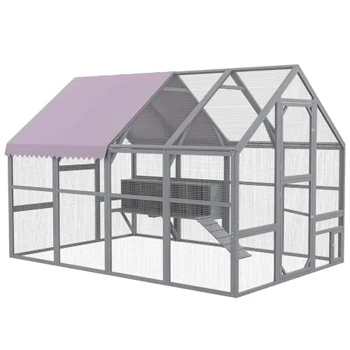 PawHut Hühnerstall mit Schattendach grau - 280L x 185,5B x 188H cm, geräumig für 8-12 Hühner, schützt vor Sonne und Regen