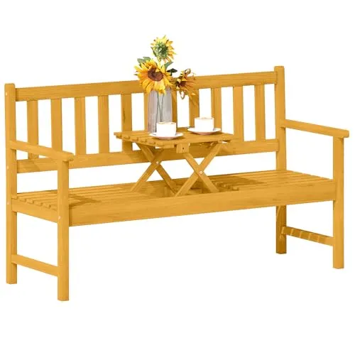 Outsunny 2-Sitzer Gartenbank Holz mit Klapptisch - Wetterfeste Holzbank für Balkon und Garten, mit einem praktischen klappbaren Tisch in der Mitte für Snacks und Getränke, ideal für entspannte Stunden im Freien.
