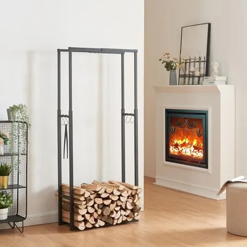 [en.casa] Kaminholzregal Kasan - Verstellbarer Feuerholzständer aus Stahl - Aschesauger mit verstellbarer Größe von 100-150 cm, ideal für Innen- und Außenbereiche. Hochwertiger Stahl sorgt für Langlebigkeit und zusätzliche Haken für praktischen Werkzeug-Organisator.