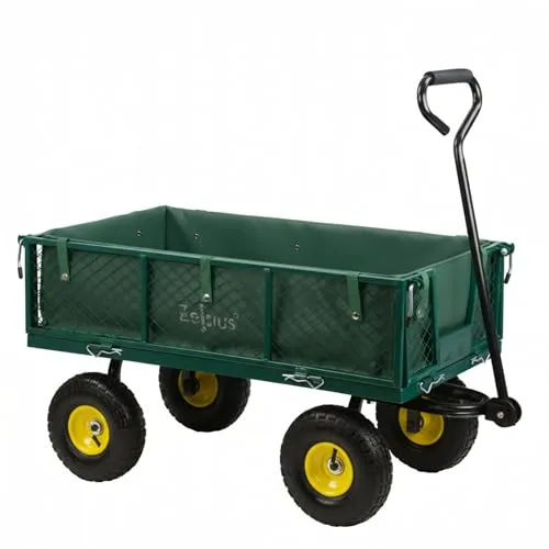 Zelsius Bollerwagen | 350 kg Tragkraft, 105 Liter | Grün/Gelb | Gartenkarre, Gartenwagen, Gartenkipper | Handwagen Luftbereift, Transportwagen Klappbar, Handwagen, Handkarren für Gartenarbeit