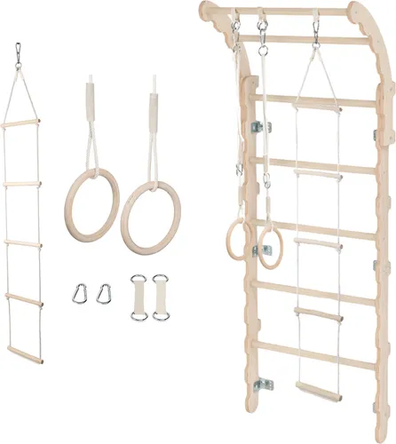 Produktbild MAMOI® Klettergerüst Indoor, Sprossenwand für kinderzimmer, Turnringe kinder für klettern, Kletterwand und spielgeräte, Midi Turngeräte mit Klimmzugstange für drinnen, Sportgeräte ab 3 jahren