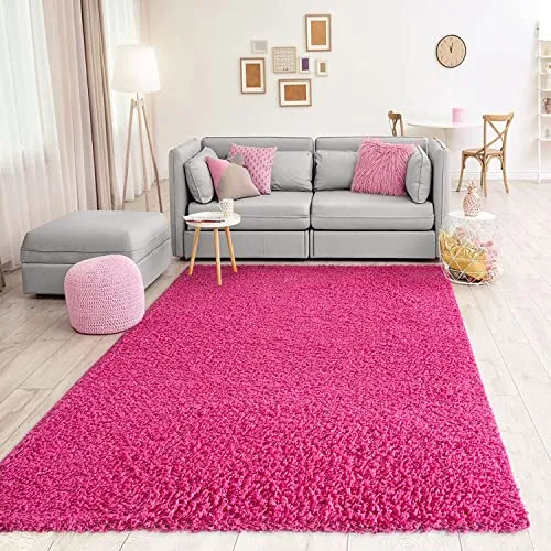 VIMODA Teppich Prime Shaggy Hochflor Rund 120 cm - Modern in Pink Rosa - Teppich für Wohnzimmer und Schlafzimmer, flauschiger Hochflor mit 30 mm Florhöhe, wasser- und schmutzabweisend für einfache Reinigung.