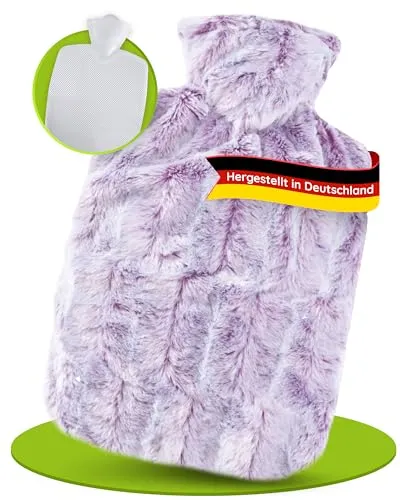 Hugo Frosch Wärmflasche Klassik 1,8l – Made in Germany – mit kuscheligem Flauschbezug in Felloptik Lila – große, auslaufsichere Bettflasche – mit waschbarem Bezug