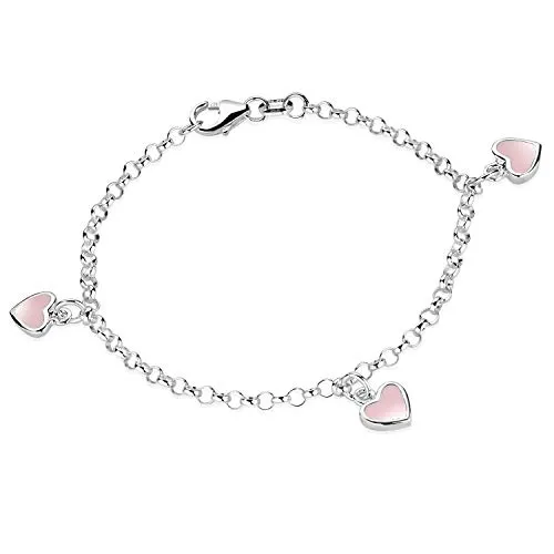 MATERIA Kinder Armband Silber 925 mit rosa Herzen - Armband für Mädchen aus rhodiniertem Sterlingsilber, 16cm lang, ideal als Geschenk für besondere Anlässe in einer bunten Schmuckschachtel.