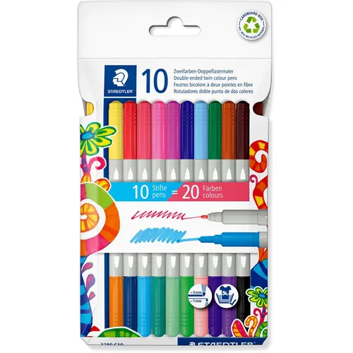 Fibre Tip Pen 2 Tips Twin Color 10pc - Duo Double-Ended Filzstifte, 20 Farben für kreative Projekte und einfache Reinigung aus Textilien